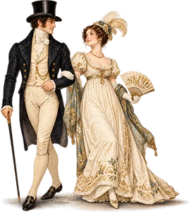 A Regency couple walking arm in arm