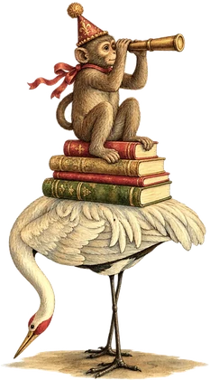 A monkey in a party hat with a telescope, sitting on books on a crane