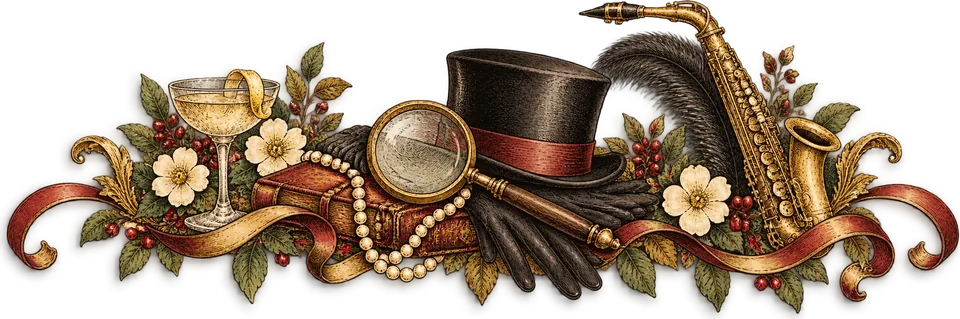 A 1920s still life: a cocktail coupe, pearls, a magnifying glass, a top hat with gloves, a feather and a saxophone, among roses and ribbon