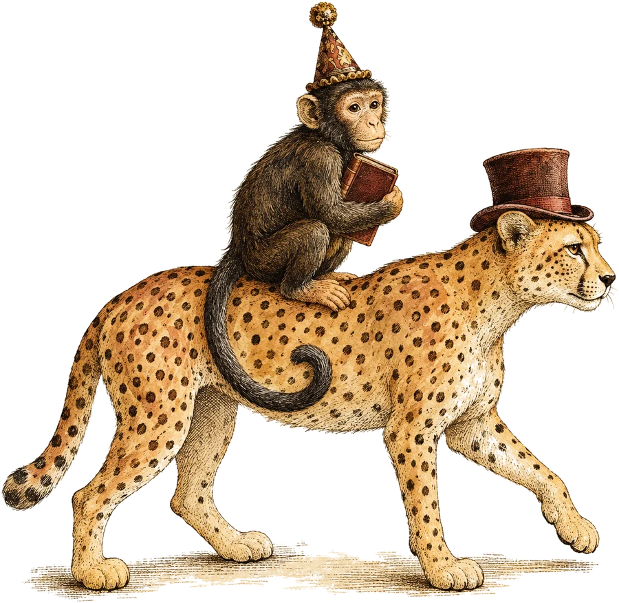 A monkey in a party hat riding a cheetah in a top hat