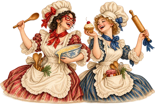 The Pantry Girls laughing in aprons and caps, one with a mixing bowl, one with a cupcake