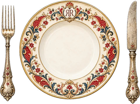 A place setting: a painted plate with the RR crest, a knife and a fork